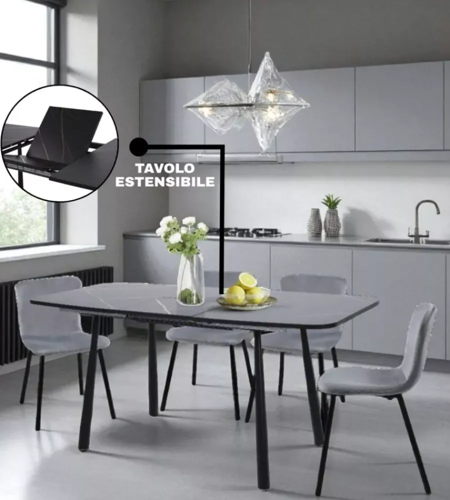 Discount Set pranzo "cabrera" tavolo estensibile nero effetto marmo e 4 sedie velluto grigio Tavoli