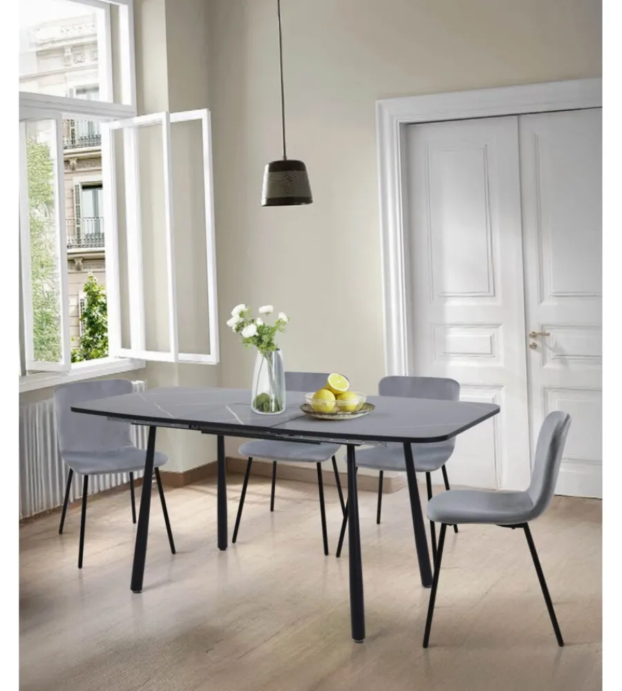 Discount Set pranzo "cabrera" tavolo estensibile nero effetto marmo e 4 sedie velluto grigio Tavoli