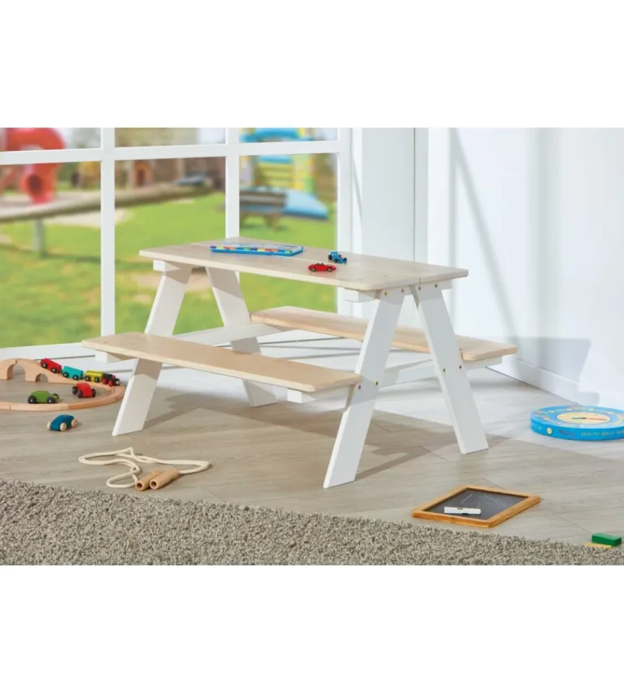 Mobili Prima Infanzia- Set tavolo con panche in pino massello, 90x82x50 cm