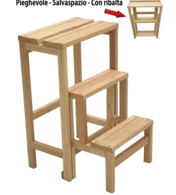 Scale E Sgabelli- Sgabello scala con 3 gradini a ribalta richiudibile in legno 37x23x60 cm