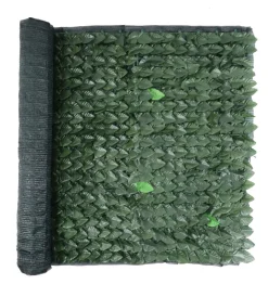 Reti, Recizioni E Cancelli Per Giardino- Siepe artificiale essenza in pvc con foglie lauro e rete ombreggiante 300x100 cm