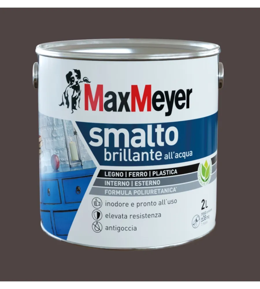 Max Meyer Smalti All' Acqua|Smalto all'acqua acril-poliuretanico "brillante" colore marrone, 2 litri