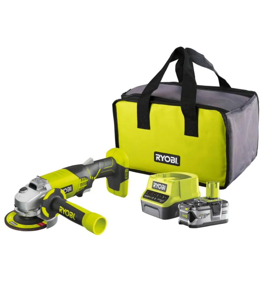 Smerigliatrici-Ryobi Smerigliatrice a batteria "r18ag-140s" 18v 115mm, con batteria 4.0 ah e caricabatterie