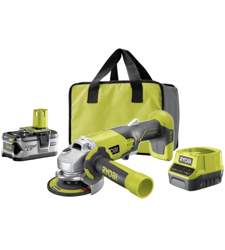 Smerigliatrici-Ryobi Smerigliatrice a batteria "r18ag-140s" 18v 115mm, con batteria 4.0 ah e caricabatterie