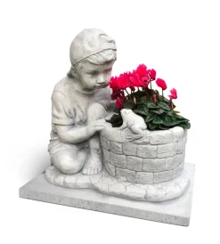 Fontane, Decorazioni E Pavimentazioni- Statua porta vaso da giardino "tommy" in cemento anticato colore grigio - 46x58x41 cm