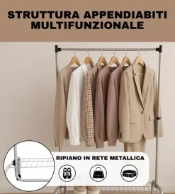 New Stender appendiabiti singolo estensibile con ruote in metallo bianco 90x45x102/172 cm Decorazione Ambienti
