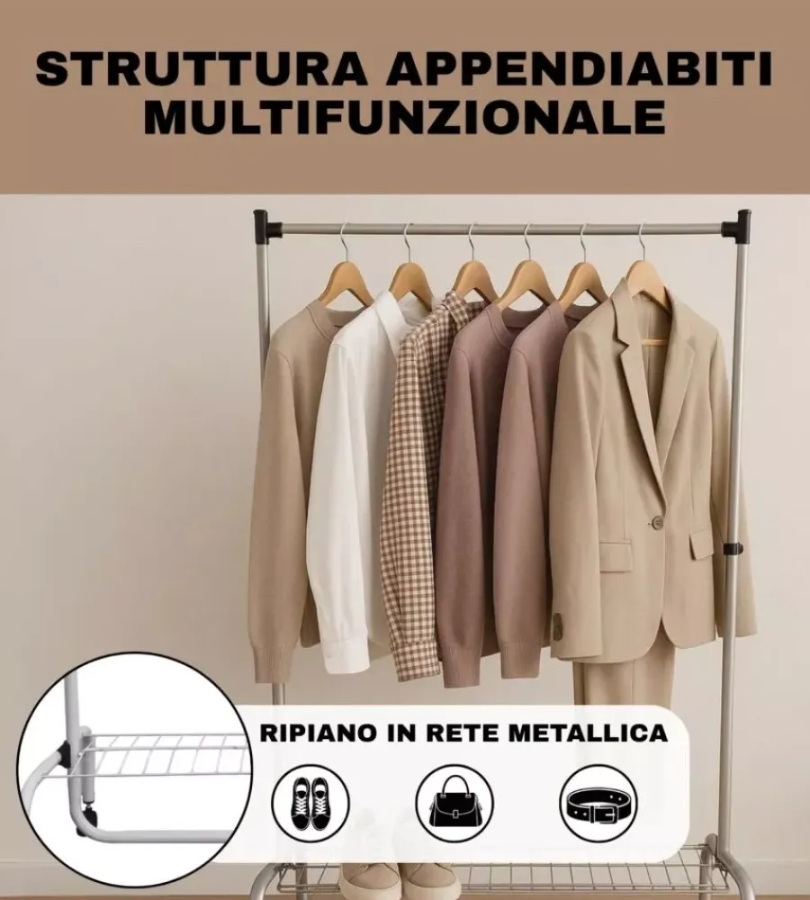 New Stender appendiabiti singolo estensibile con ruote in metallo bianco 90x45x102/172 cm Decorazione Ambienti