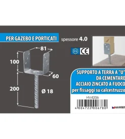 Ferramenta Per Esterno|Supporto a "u" per pali 81 x 65 x 105 x 200 mm.