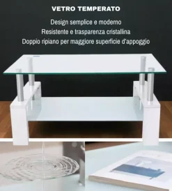 Tavolini|Tavolino da soggiorno "alva" bianco con top in vetro temperato 100x60x45 cm