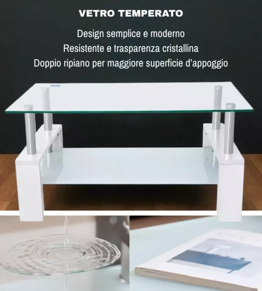 Tavolini|Tavolino da soggiorno "alva" bianco con top in vetro temperato 100x60x45 cm