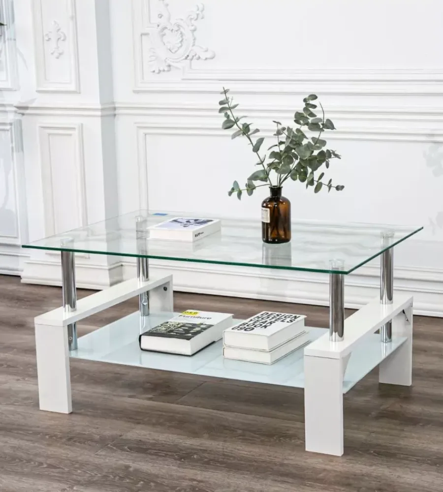 Tavolini|Tavolino da soggiorno "alva" bianco con top in vetro temperato 100x60x45 cm