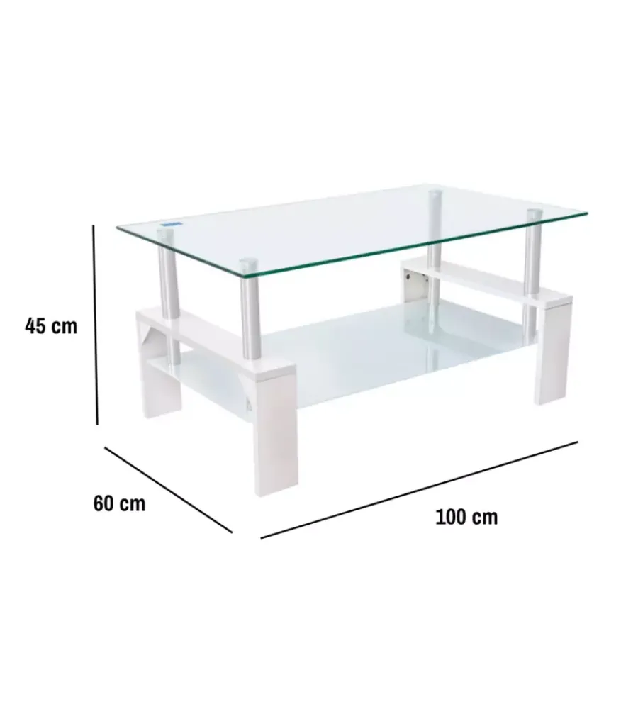 Tavolini|Tavolino da soggiorno "alva" bianco con top in vetro temperato 100x60x45 cm