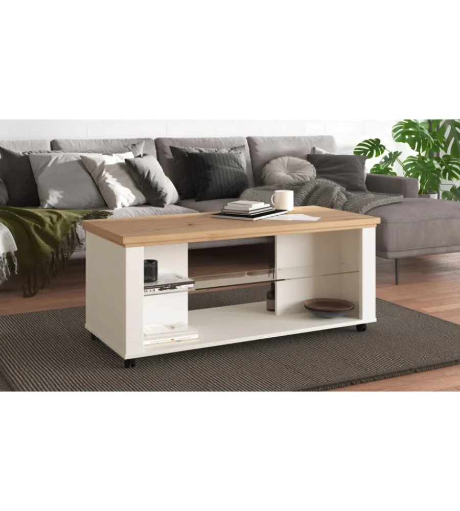 Tavolini-BellaHome Tavolino da soggiorno "vigo" bianco e quercia, 114,5x50,5x49 cm