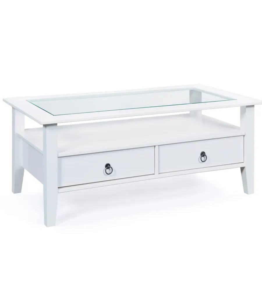 Tavolini- Tavolino in legno con piano vetro e 2 cassetti, 115x45x60 cm