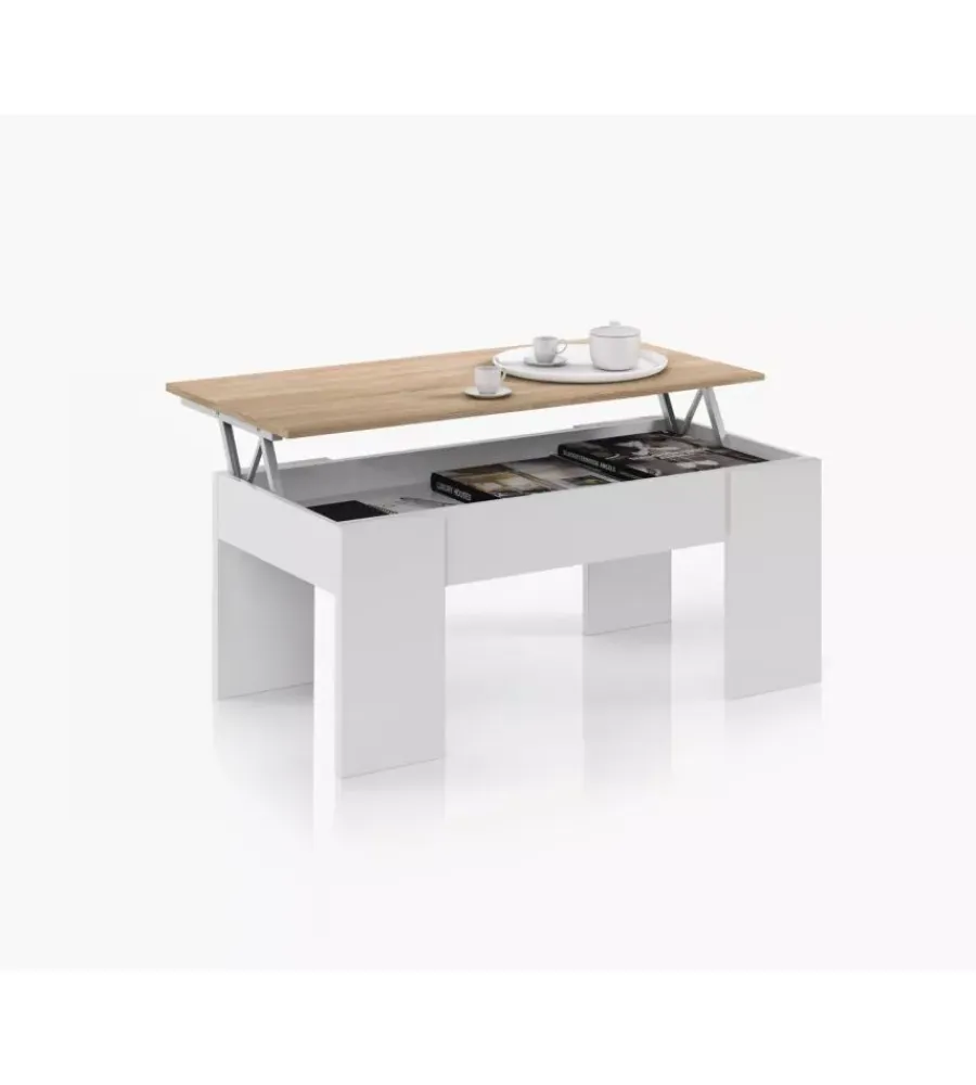 Tavolini- Tavolino salotto con piano elevabile e spazio contenitore, 100x50x45-56 cm