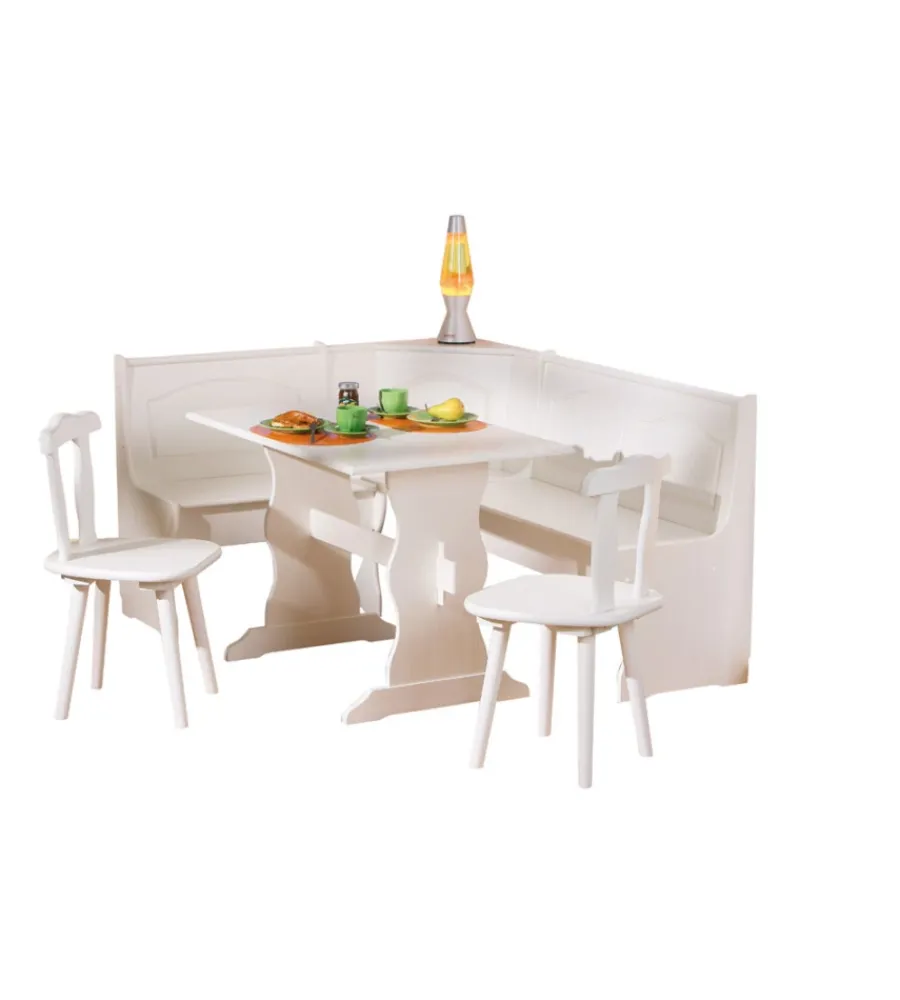 Tavoli- Tavolo panca e 2 sedie in pino massello bianco, 124/146x49x86 cm
