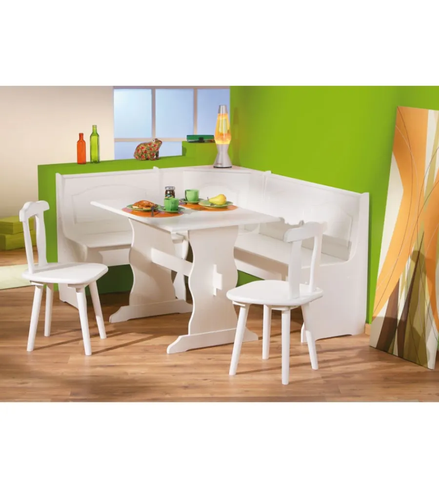 Tavoli- Tavolo panca e 2 sedie in pino massello bianco, 124/146x49x86 cm
