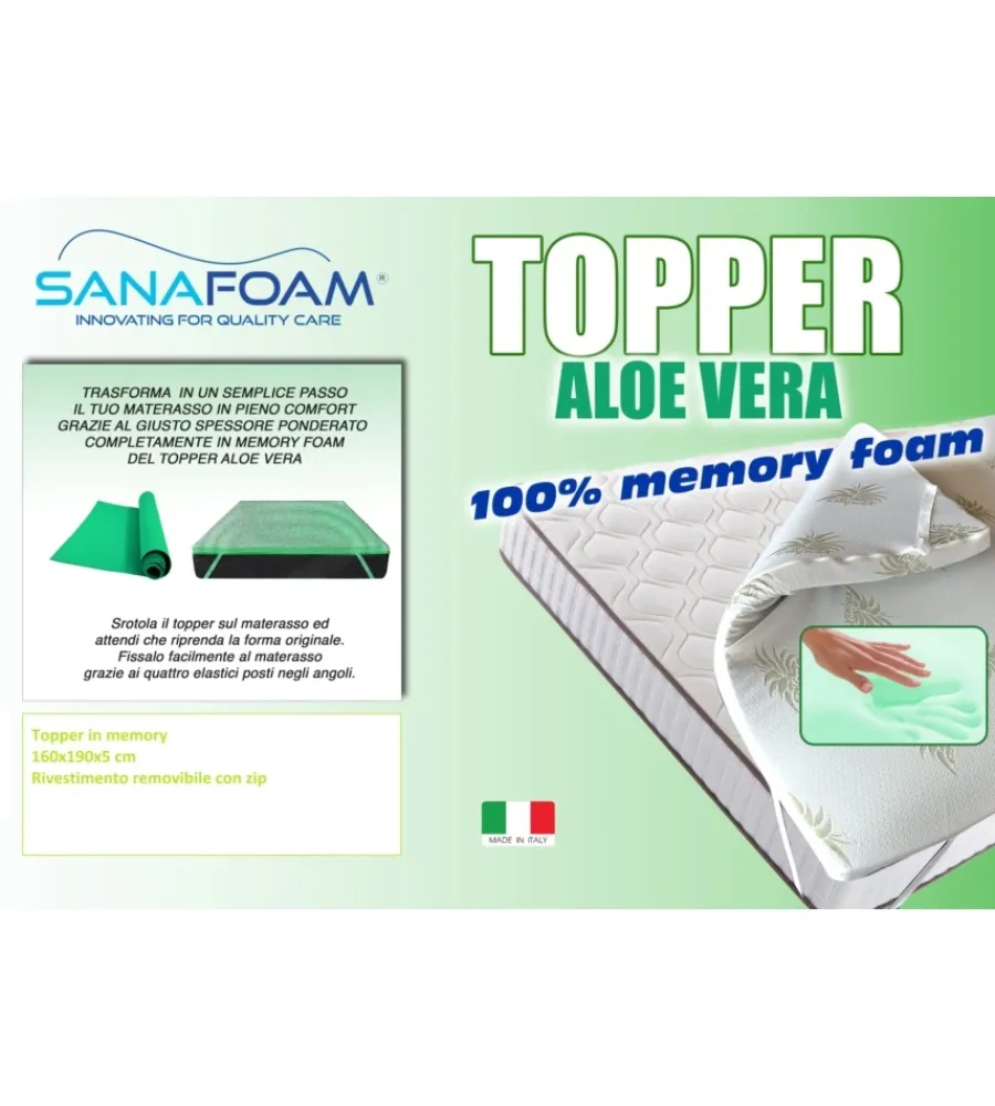 Letti E Comodini- Topper matrimoniale in memory foam con aloe 160x190 cm