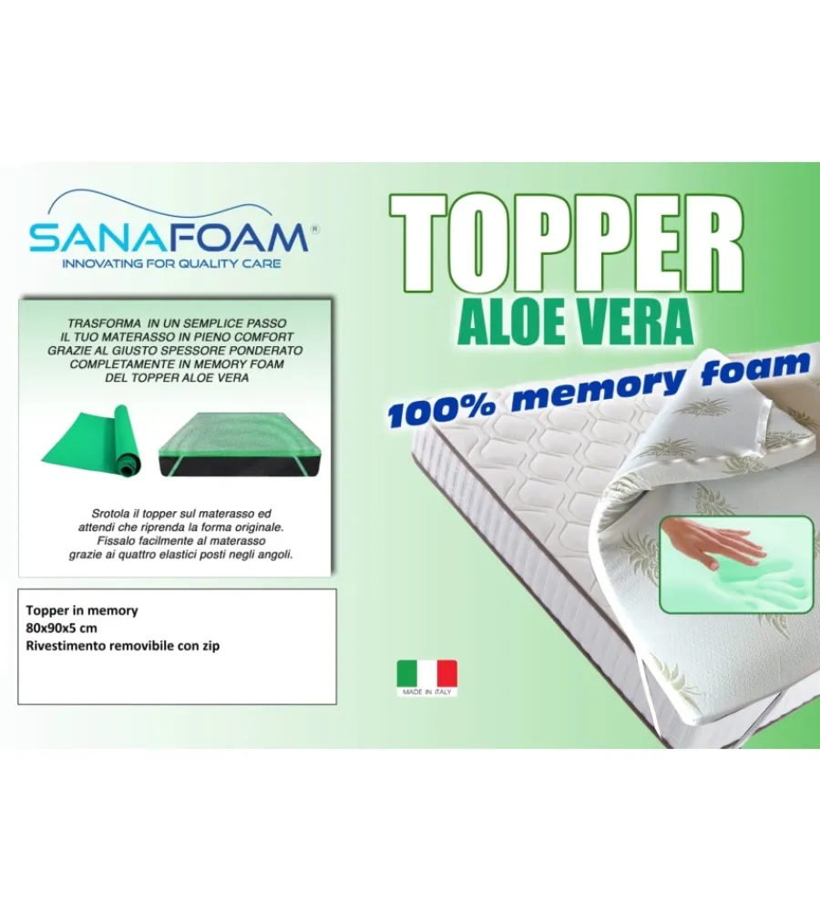 Letti E Comodini- Topper singolo in memory foam con aloe 80x190 cm