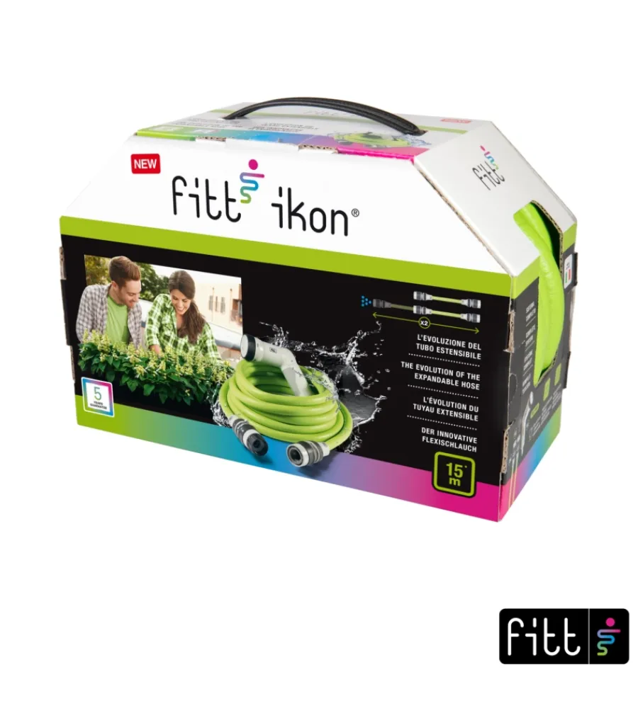 Irrigazione- Tubo da giardino estensibile fitt ikon lime in tpe e nylon con pistola multigetto, 15 metri