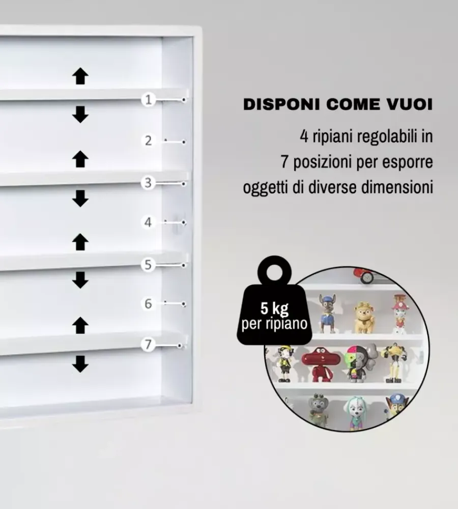 BellaHome Vetrine E Vetrinette|Vetrinetta espositore per collezionismo bianco con ante in vetro temperato 80x11x60 cm