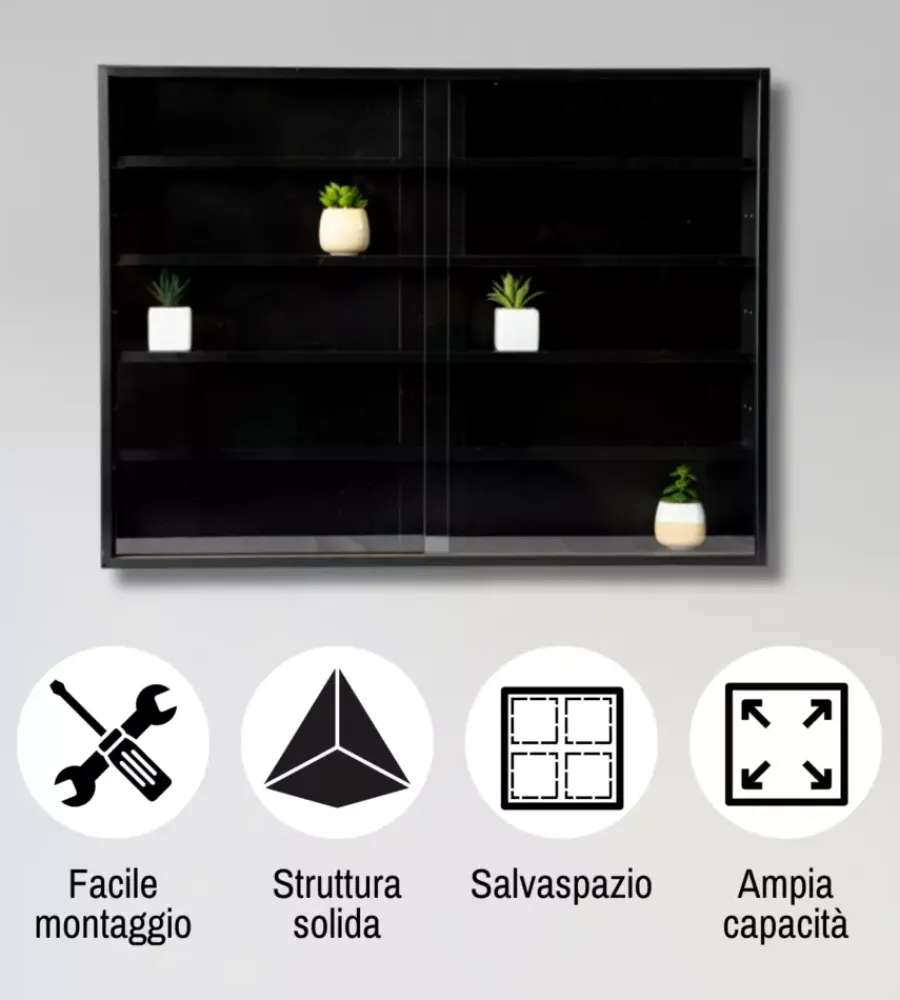 Online Vetrinetta espositore per collezionismo nero con ante in vetro temperato 80x11x60 cm Vetrine E Vetrinette