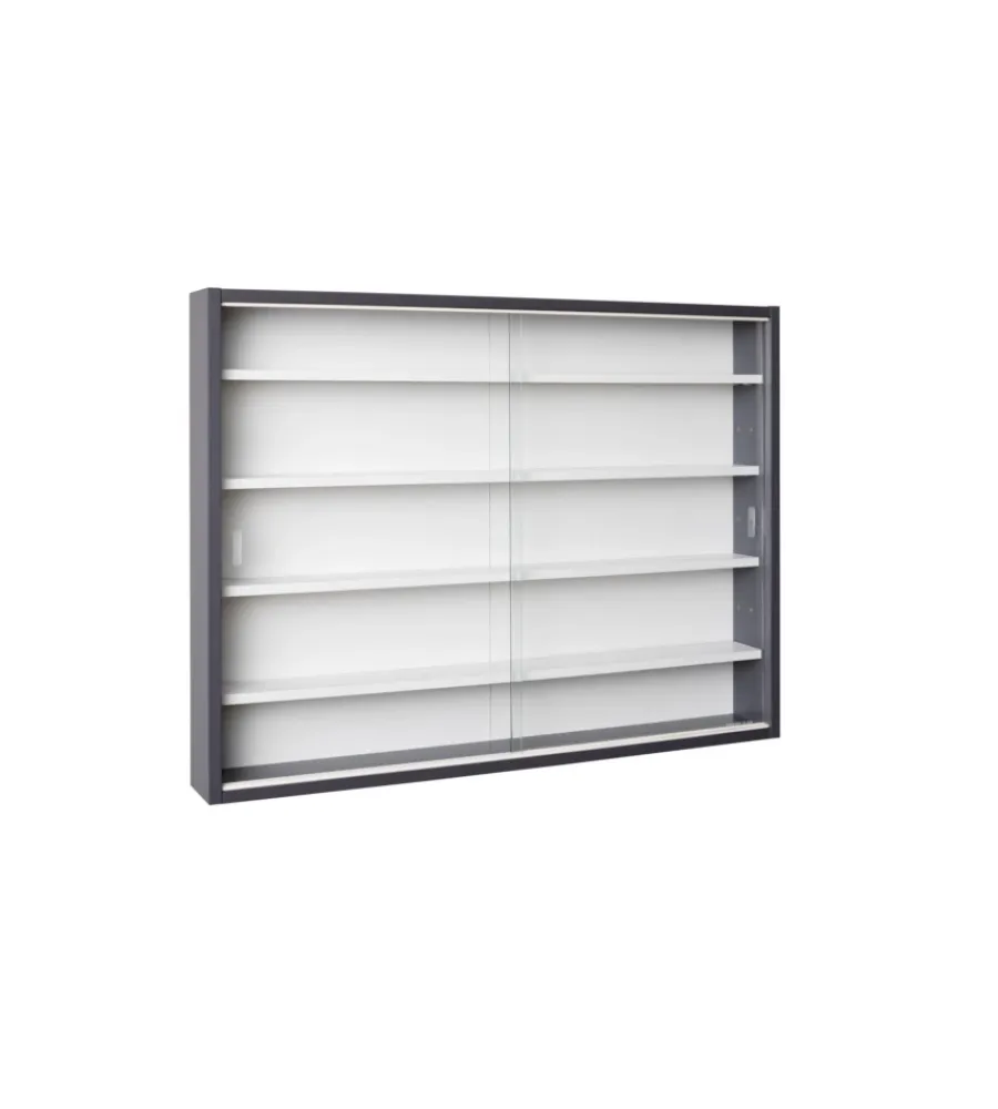 Vetrine E Vetrinette|Vetrinetta scaffale in legno grigio con ante in vetro scorrevoli, 80x9,5x60 cm