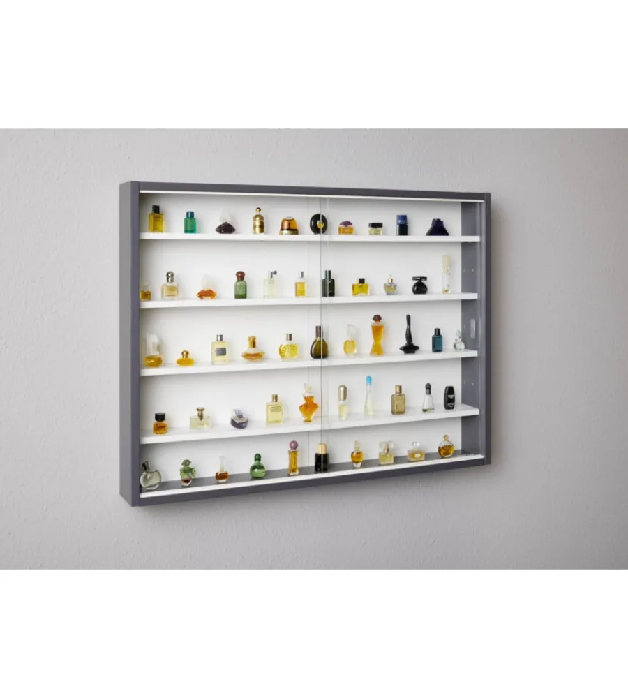 Vetrine E Vetrinette|Vetrinetta scaffale in legno grigio con ante in vetro scorrevoli, 80x9,5x60 cm