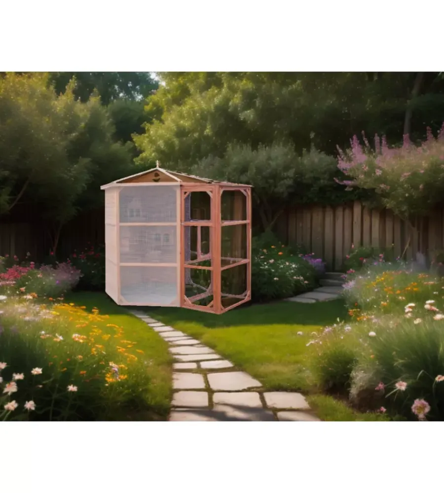 Gabbie Per Uccelli-Habrita Voliera esagonale da esterno in legno "po h 23" 235x235x238 cm