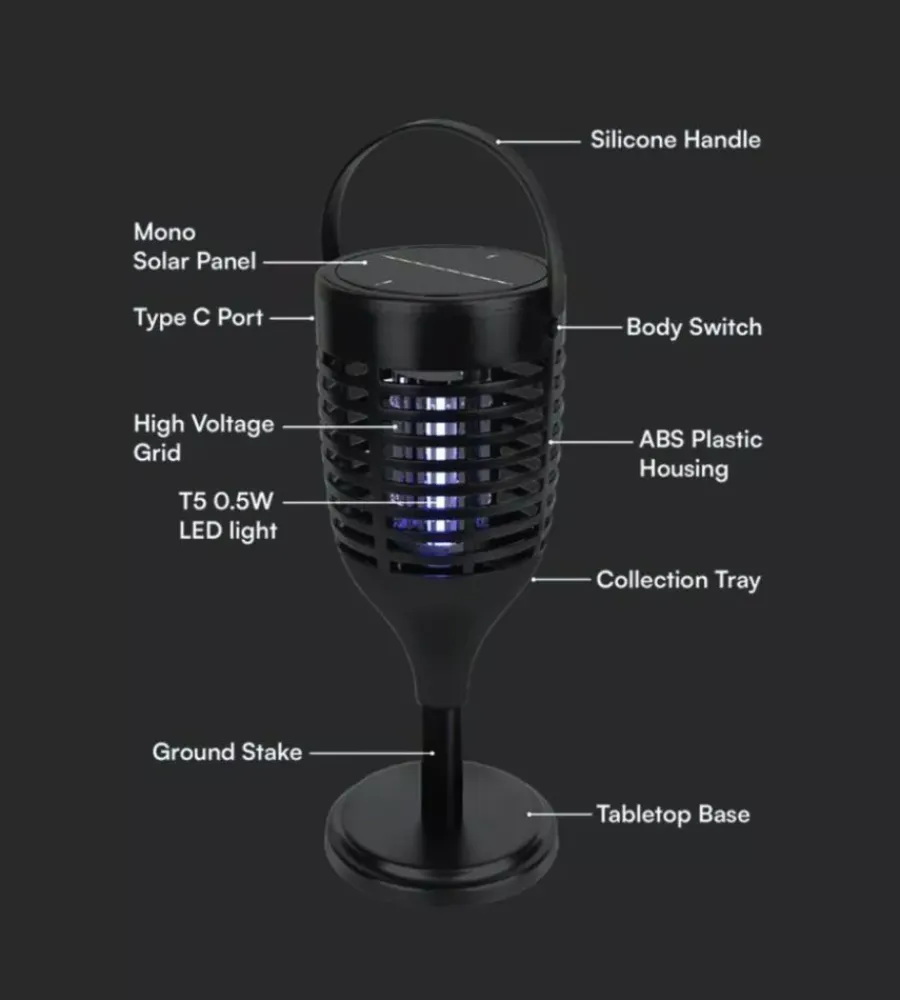 New Zanzariera elettrica solare ricaricabile vtac nero 1,3w Illuminazione Per Esterno